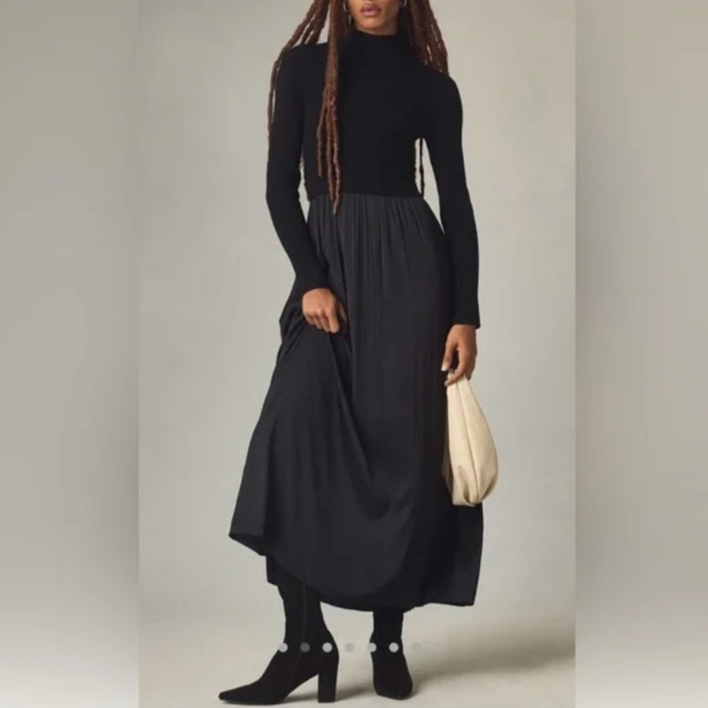 Anthropologie The Thea Twofer Sweater High Neck Black Maxi Dress Long Sleeve L